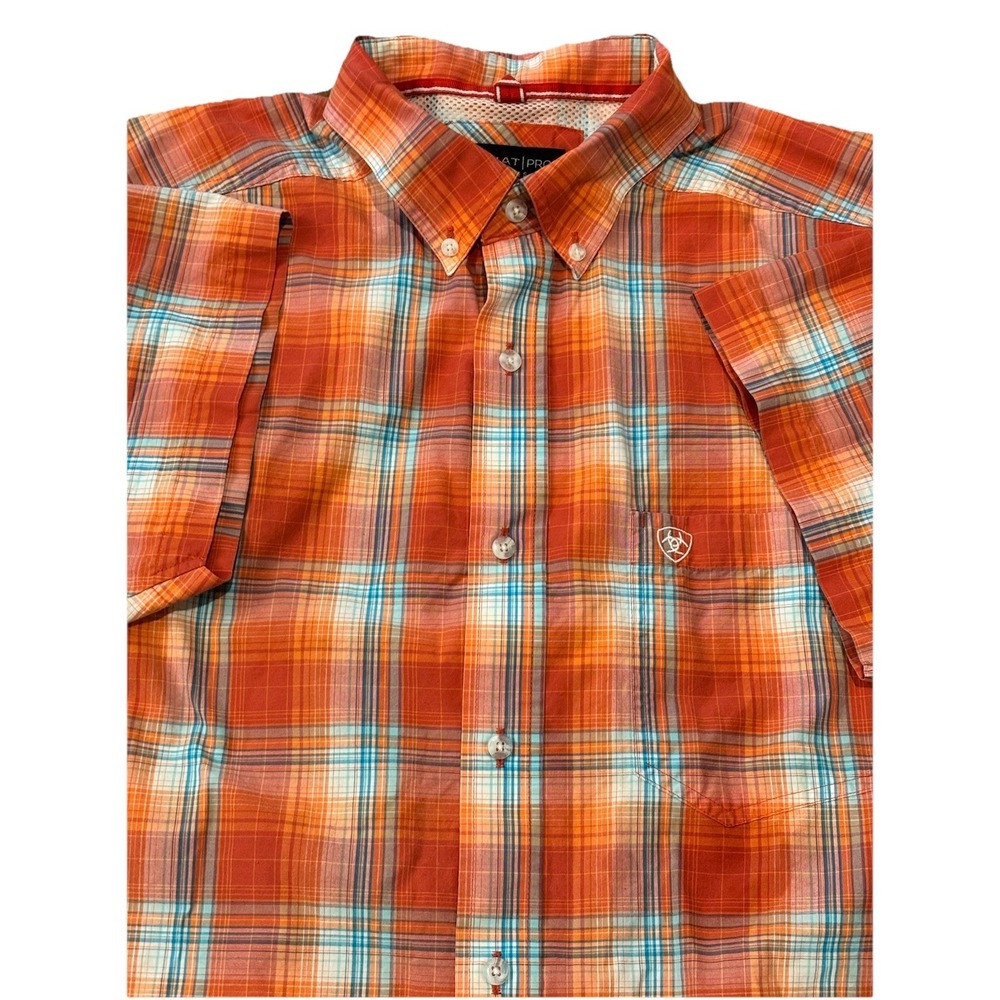 Ariat Pro Series Faris Mens XL Orange Plaid Short Sleeve Cotton Blend Shirt West